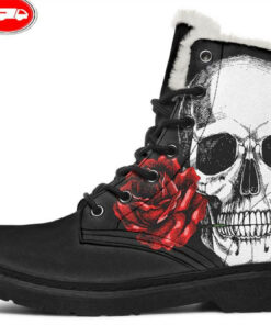 skull and rose black faux fur leather boots 1