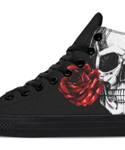 skull and rose black high top canvas shoes