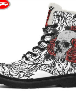 skull and rose madness faux fur leather boots