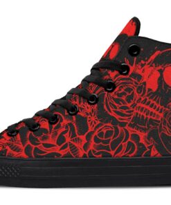 skull and roses red high top canvas shoes