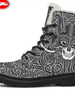 skull and viking axes faux fur leather boots