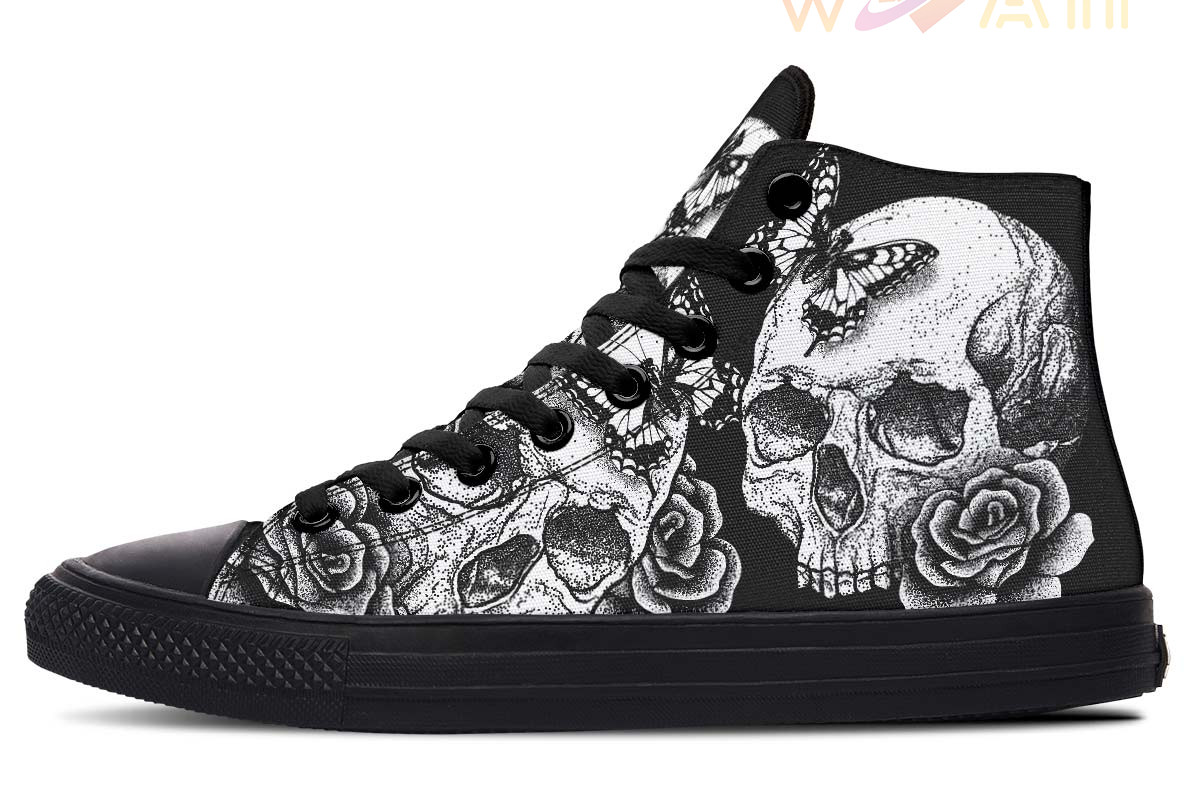Skull Butterfly And Rose High Top Canvas Shoes - WoahTee