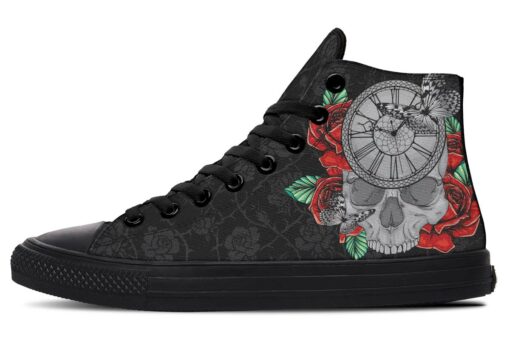 skull clock roses and butterfly high top canvas shoes