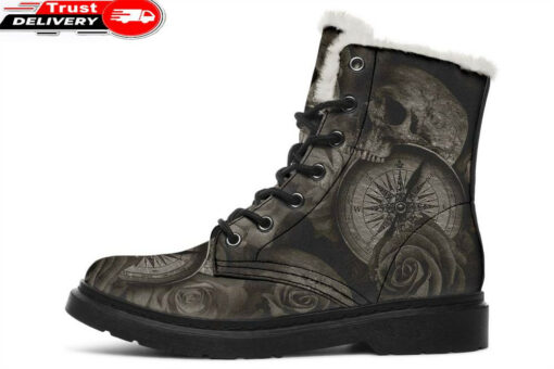 skull compass faux fur leather boots