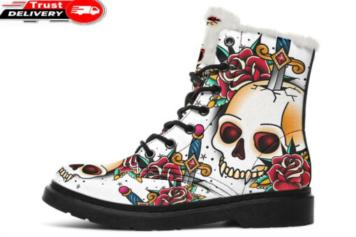 skull dagger knife roses faux fur leather boots