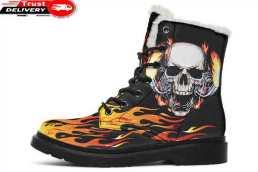 skull fire background faux fur leather boots