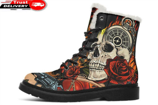 skull gun and rose faux fur leather boots