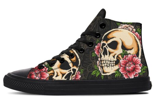 skull head and beautiful pink flowers high top canvas shoes