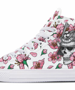 skull kabuto and pink blossom high top canvas shoes