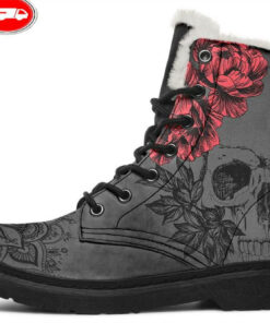skull mandala red faux fur leather boots