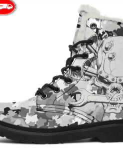 skull mechanic white camo faux fur leather boots