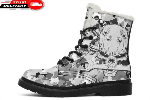 skull mechanic white camo faux fur leather boots