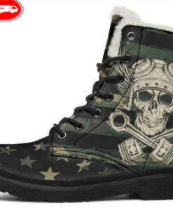 skull piston camo flag faux fur leather boots