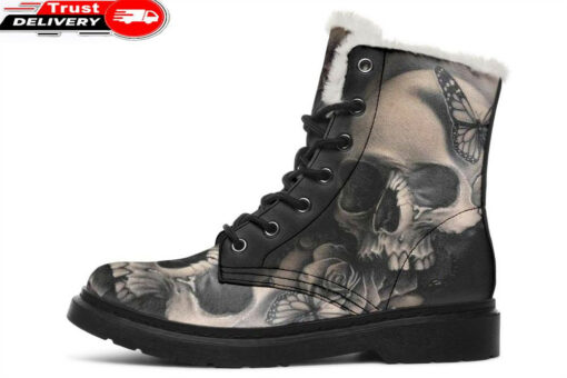 skull rose butterfly faux fur leather boots