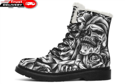 skull rose cartoon style faux fur leather boots