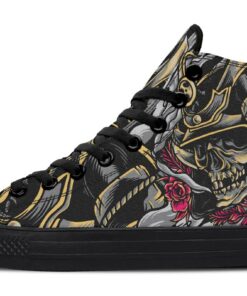 skull samourai and pink flowers high top canvas shoes