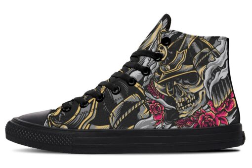 skull samourai and pink flowers high top canvas shoes
