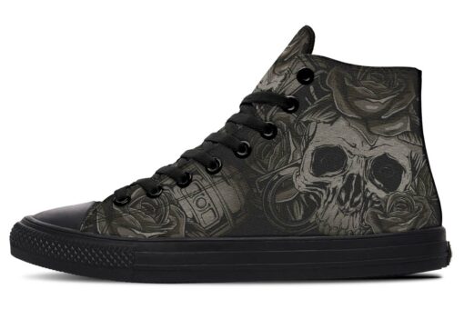 skull tattoo pistons and roses high top canvas shoes