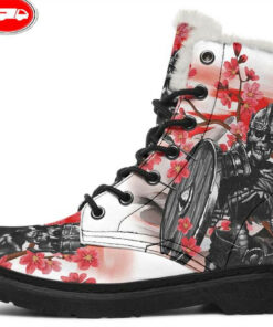 skull warrior and red flowers faux fur leather boots