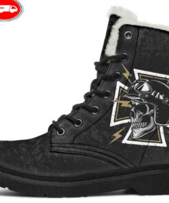 skull with maltese cross faux fur leather boots
