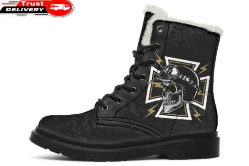 skull with maltese cross faux fur leather boots