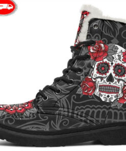 sugar skull rose art tattoo faux fur leather boots