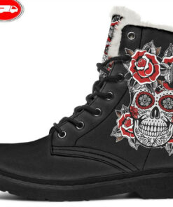 sugar skull with red roses faux fur leather boots