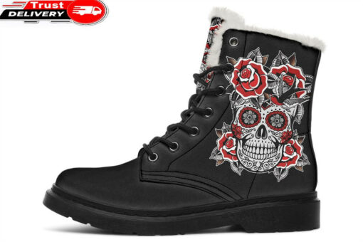 sugar skull with red roses faux fur leather boots
