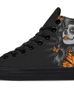 sugar skull woman and mornarch butterfly high top canvas shoes