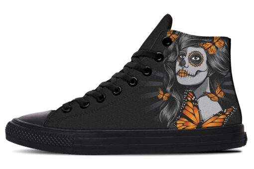 sugar skull woman and mornarch butterfly high top canvas shoes
