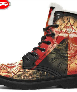 tattoo skull and clock faux fur leather boots