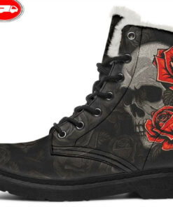 tattoo skull and red rose faux fur leather boots