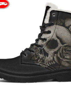 tattoo skull and rose black faux fur leather boots