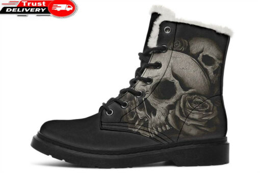 tattoo skull and rose black faux fur leather boots