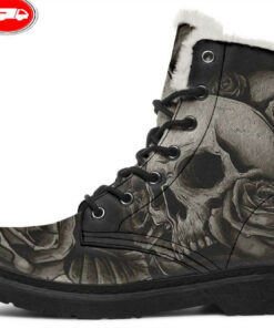 tattoo skull and rose faux fur leather boots