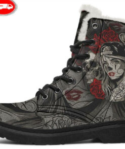 tattoo style skull rose art faux fur leather boots