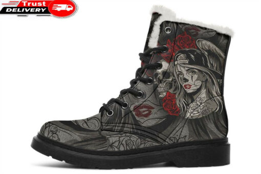 tattoo style skull rose art faux fur leather boots