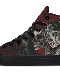 tattoo style skull rose art high top canvas shoes