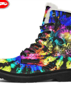 tie dye skull and rose faux fur leather boots