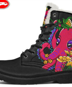 traditional flowers and octopus faux fur leather boots