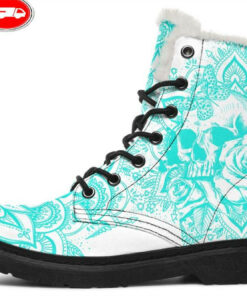 turquoise skull art faux fur leather boots