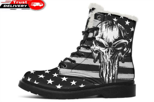 usa punisher black white faux fur leather boots