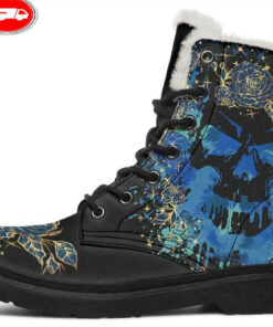 watercolor blue skull faux fur leather boots 1
