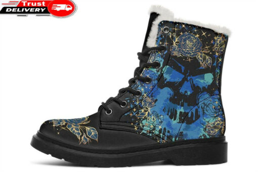 watercolor blue skull faux fur leather boots 1