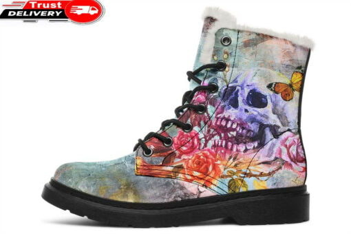 watercolor skull and butterfly faux fur leather boots 1