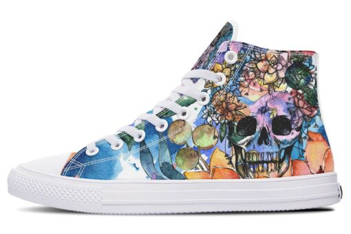watercolor skull art high top canvas shoes
