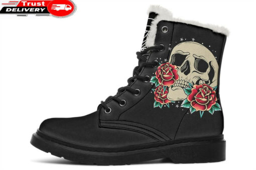 white rose skull faux fur leather boots 1