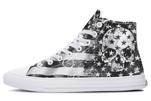 white skull with stars flag high top canvas shoes