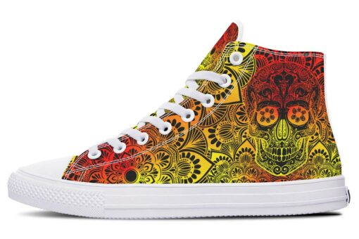 yellow and orange color merge skull high top canvas shoes
