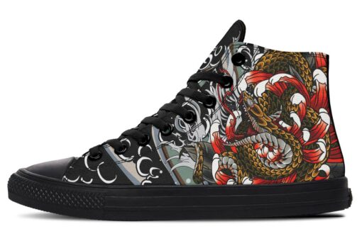 yellow snake and red flowers high top canvas shoes